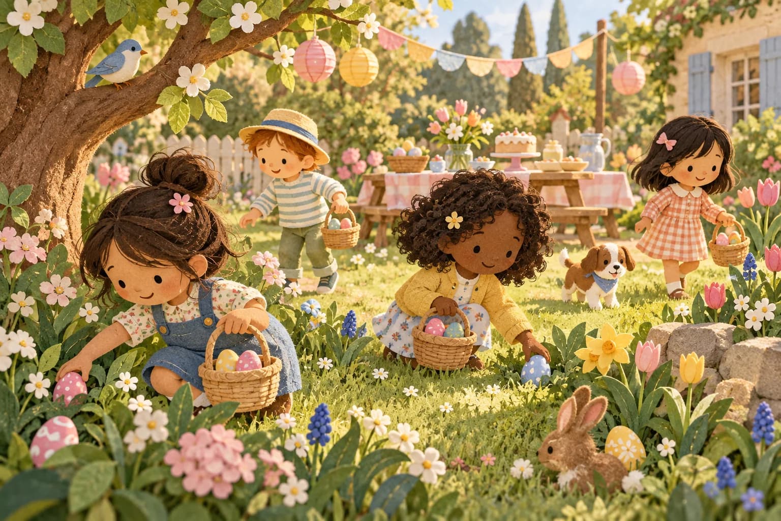 Des enfants cherchent des œufs colorés dans un jardin fleuri au printemps