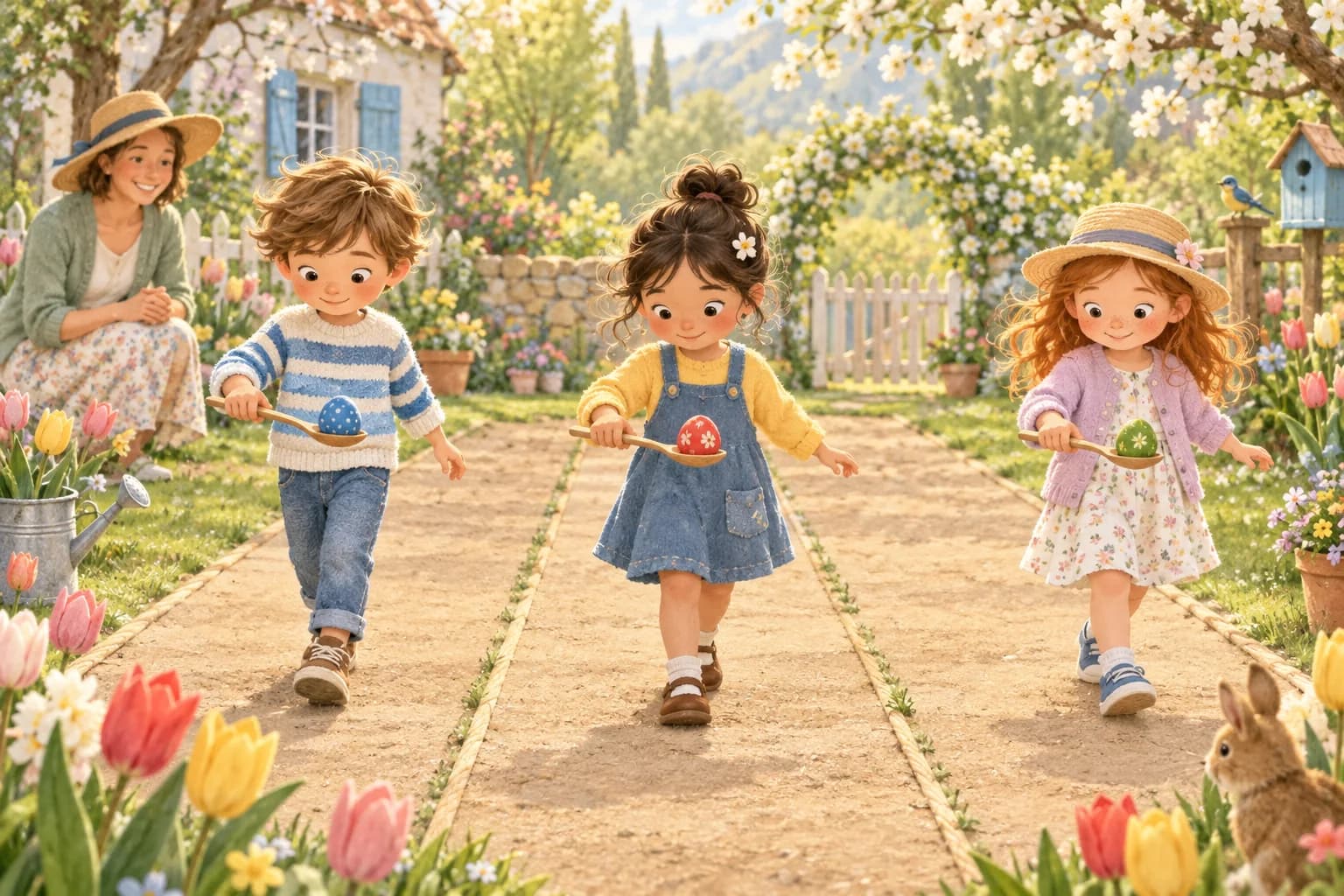 Des enfants transportent des œufs colorés dans des cuillères sur un parcours dégagé, dans un jardin printanier.
