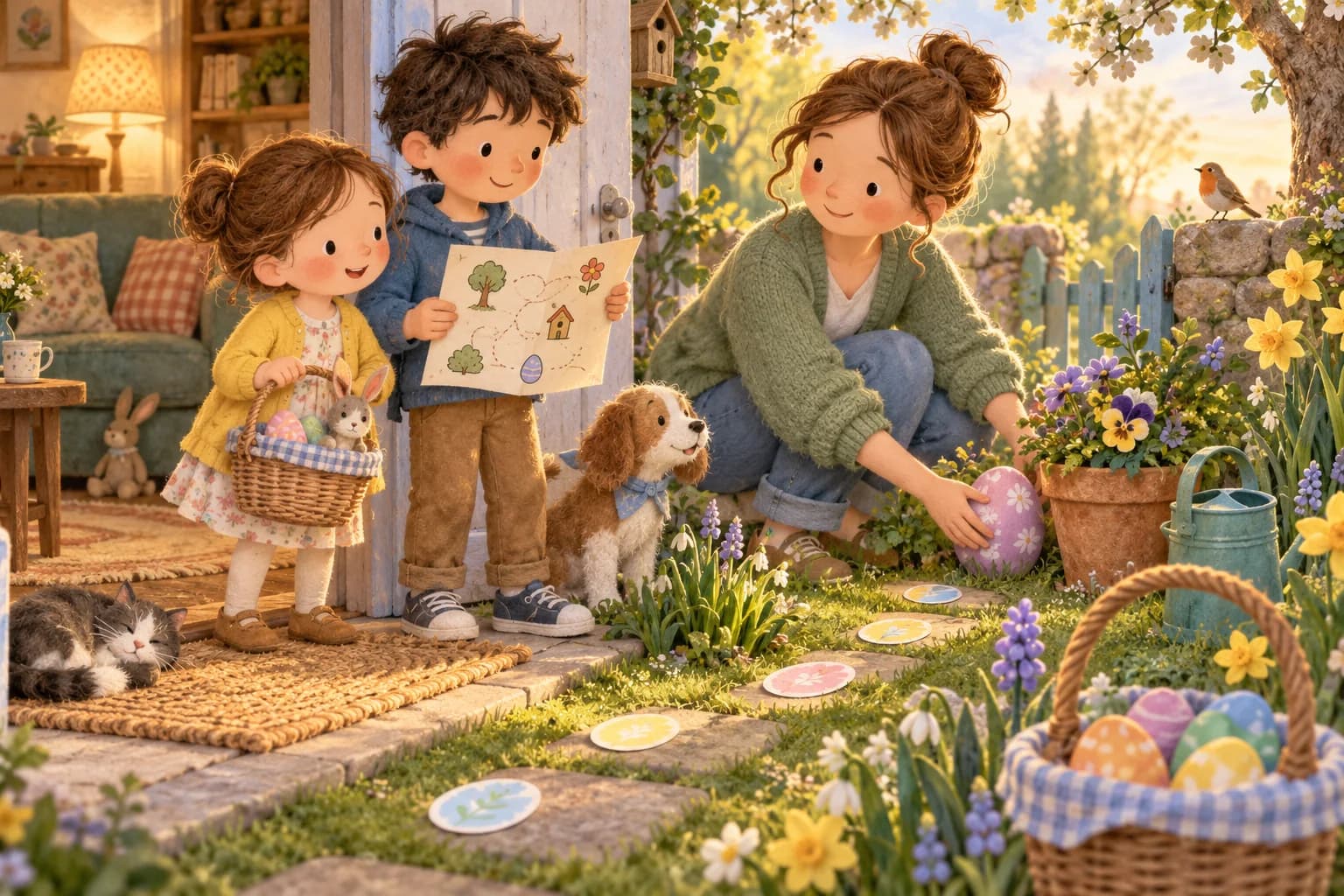 Deux enfants et un parent préparent une chasse aux œufs entre le salon et un jardin fleuri.