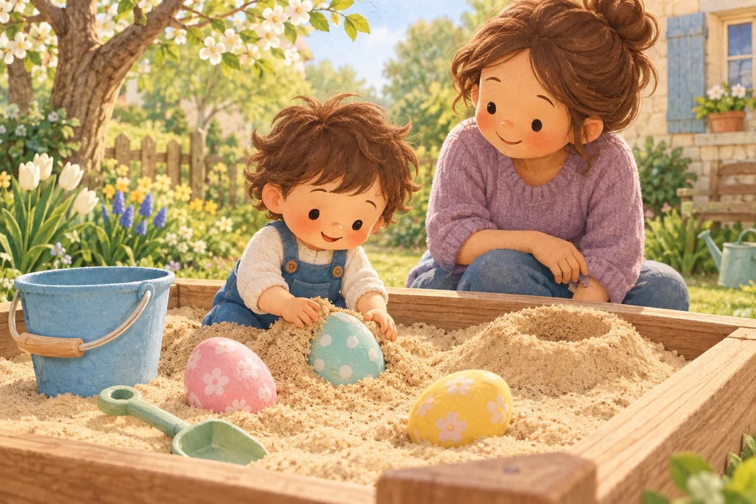 Un tout-petit découvre de gros œufs de jeu dans un bac à sable, avec un parent à ses côtés.