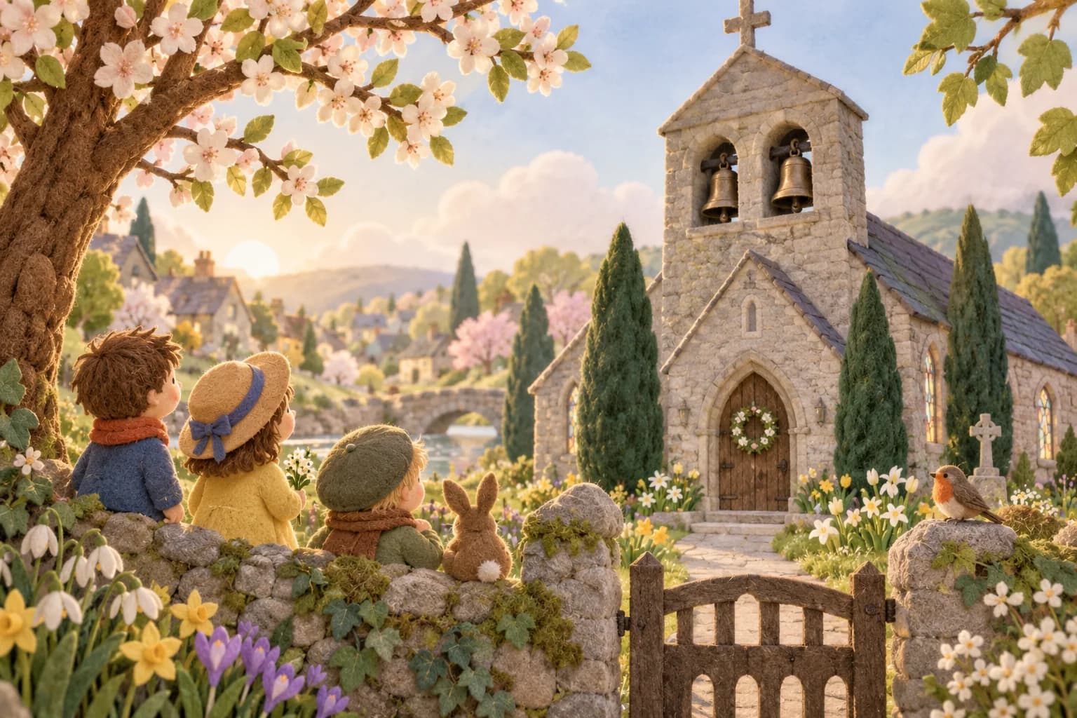 Des enfants observent une église printanière dont les cloches restent silencieuses