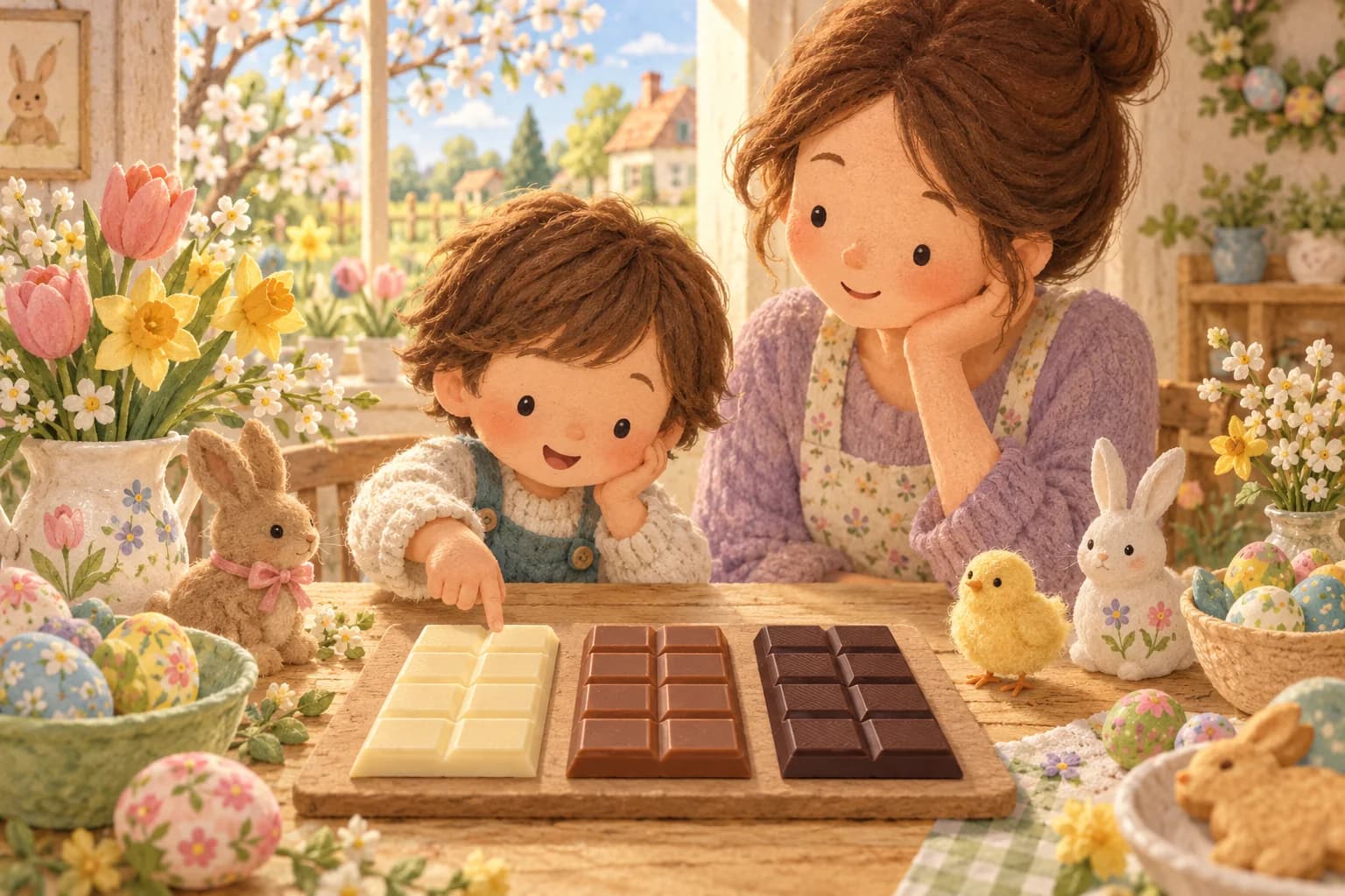 Un enfant et un parent comparent trois chocolats de couleurs différentes sur une table de Pâques