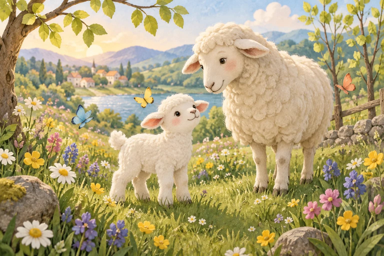 Un agneau et sa mère dans une prairie fleurie au printemps