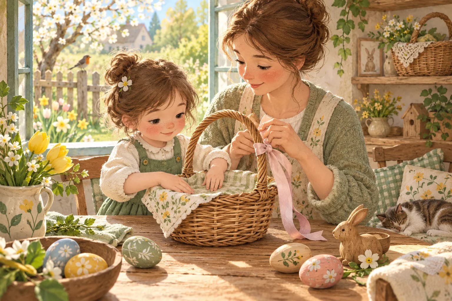 Un enfant et un parent garnissent de tissu un panier en osier et nouent un ruban à son anse.