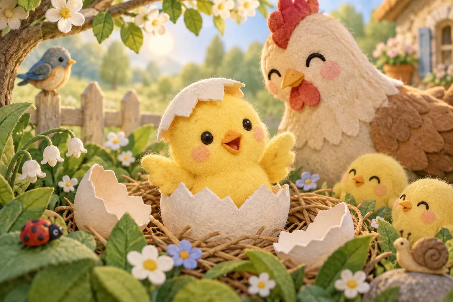 Un poussin sort de son œuf dans un jardin fleuri au printemps