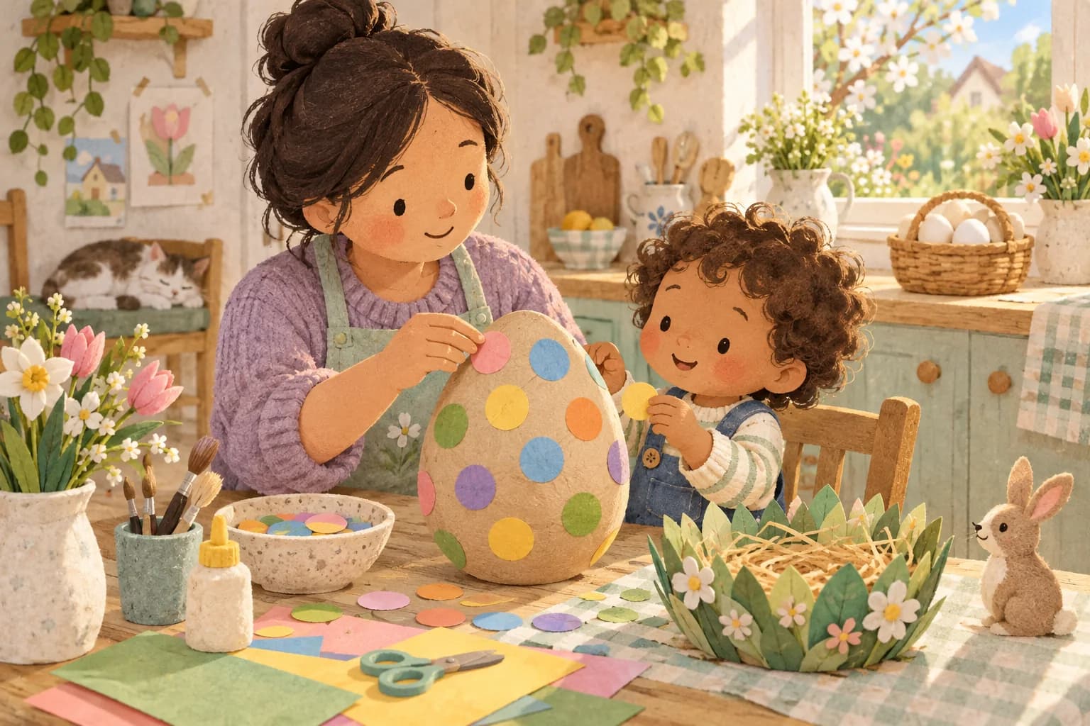 Un parent et un tout-petit décorent un œuf en carton près d’un nid en papier, dans une cuisine printanière.