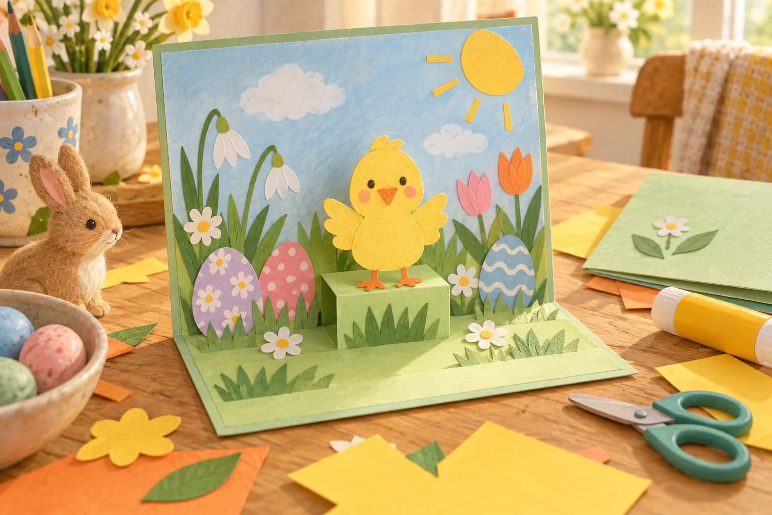 Carte de Pâques ouverte avec un poussin en papier dressé sur une petite marche en relief.