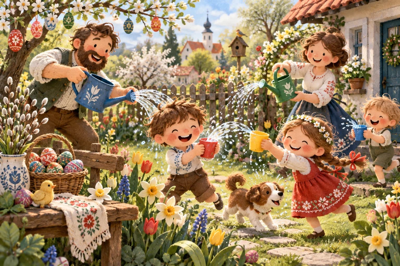 Famille jouant à s’arroser dans un jardin pour le lundi de Pâques