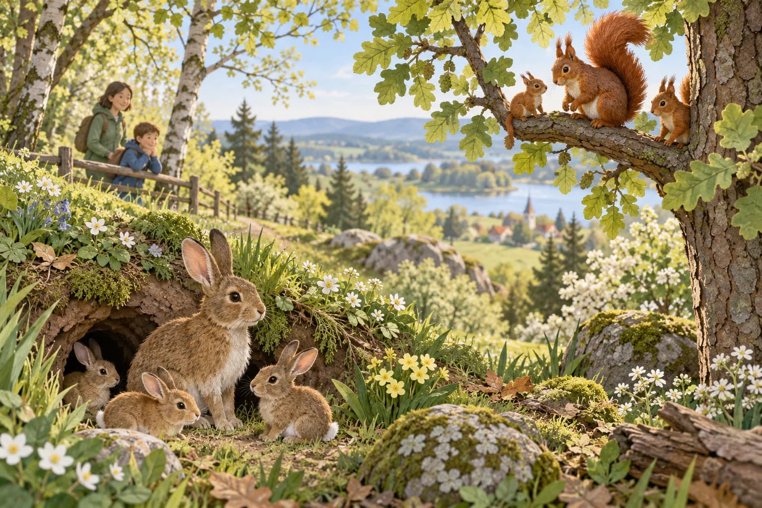 Une lapine avec ses petits et des écureuils dans un bois printanier, observés à distance par un enfant et un adulte.