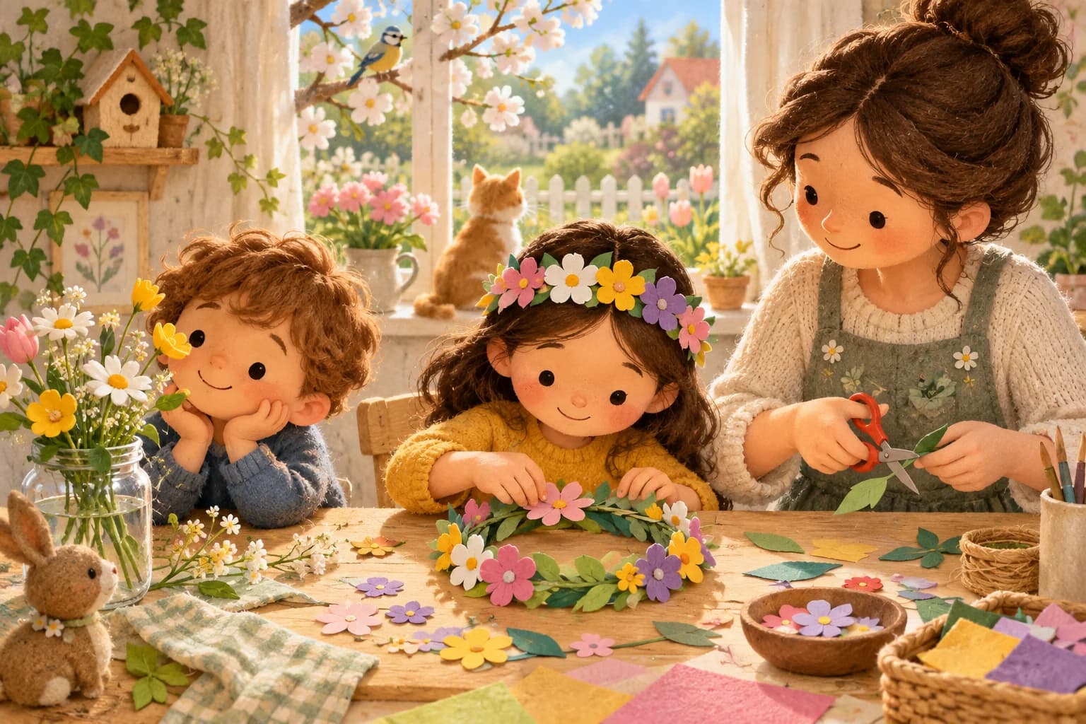 Un enfant fabrique une couronne de fleurs en papier avec un adulte à une table de printemps