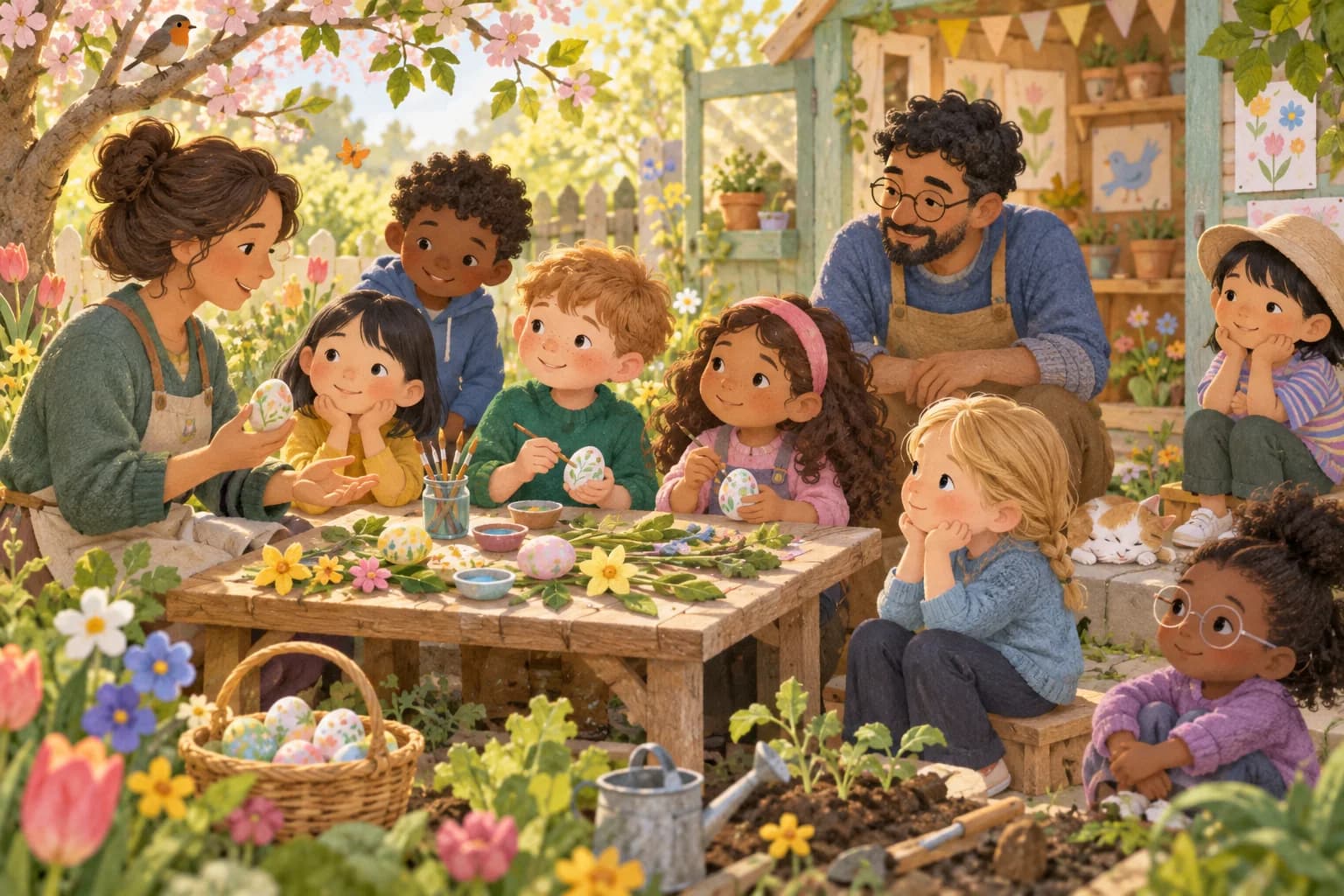 Enfants et adultes discutant avec respect autour d’une activité de printemps