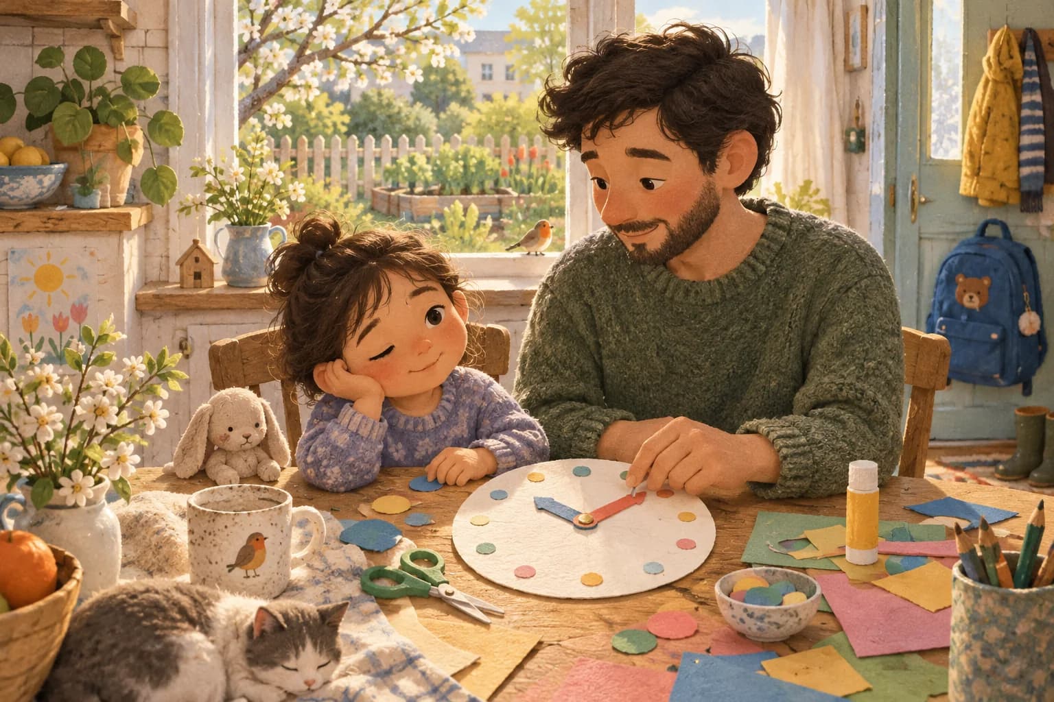 Un enfant et un parent fabriquent une horloge en papier, près d’une fenêtre ouverte sur un jardin de printemps.