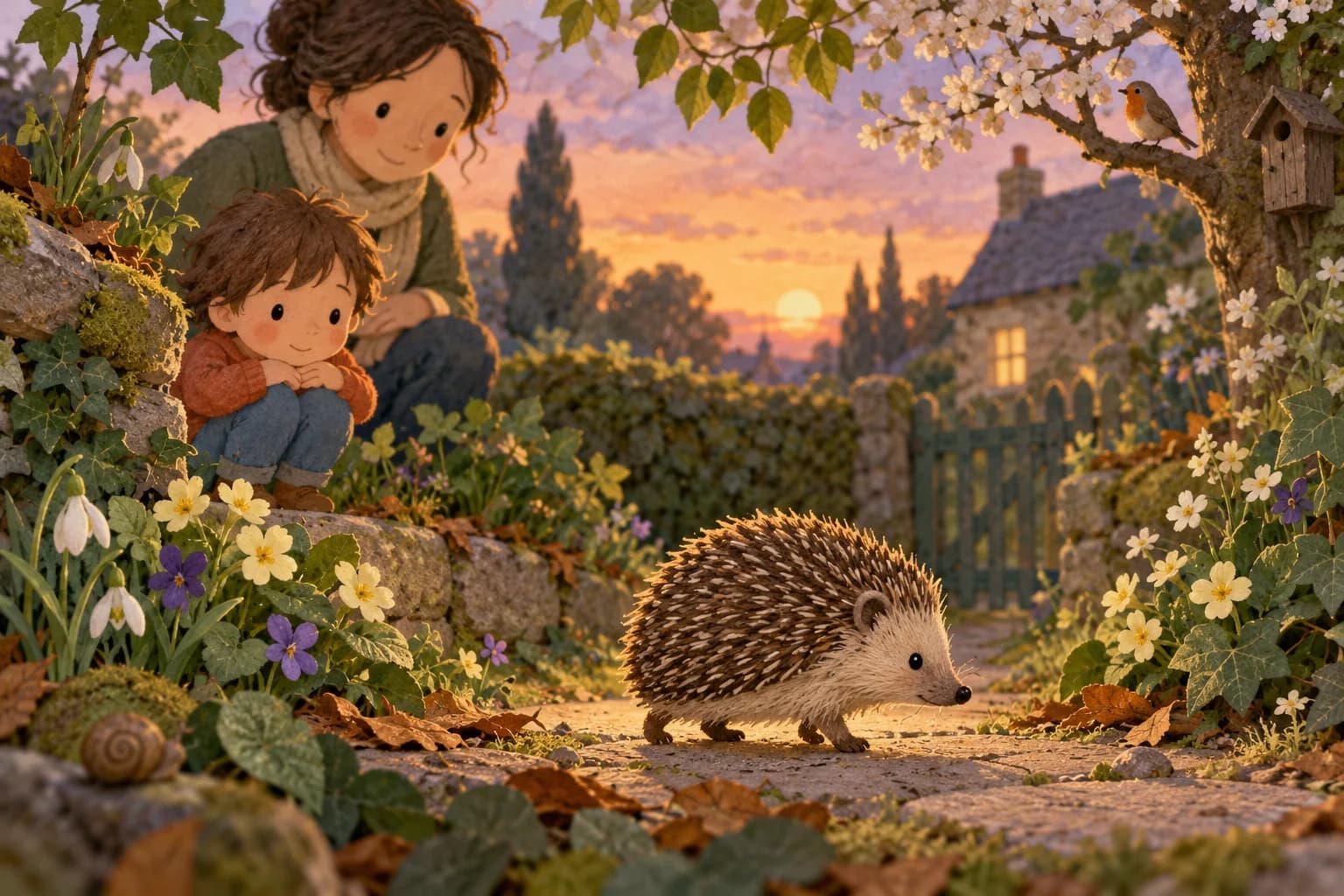 Un hérisson marche dans un jardin printanier tandis qu’un enfant l’observe à distance avec un adulte