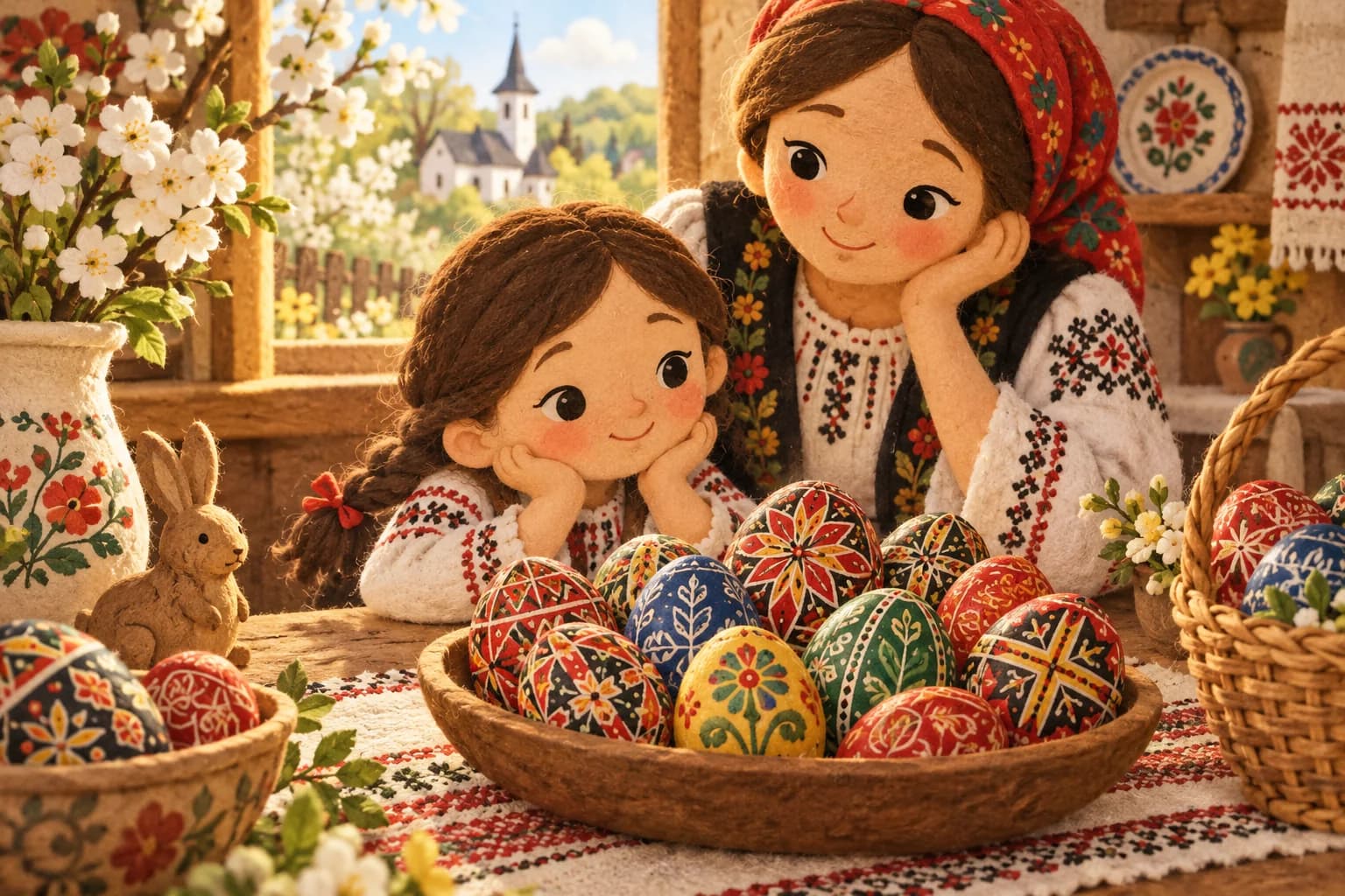Œufs de Pâques roumains décorés de motifs colorés sur une table
