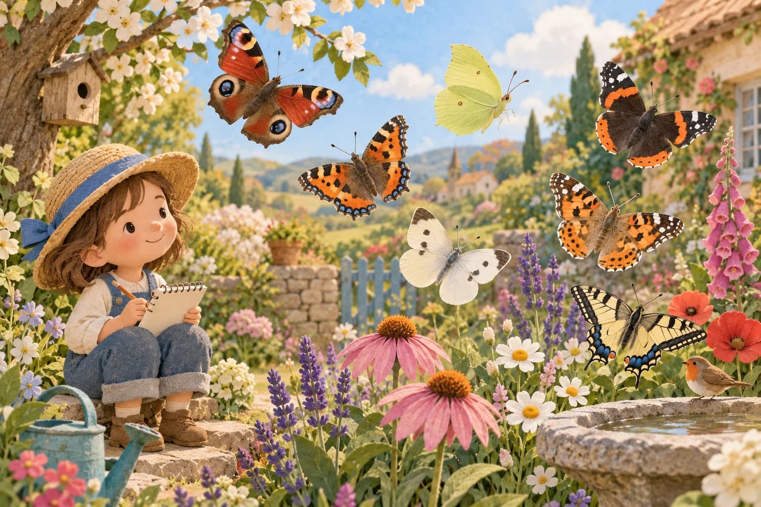 Un enfant observe sept papillons colorés dans un jardin fleuri au printemps