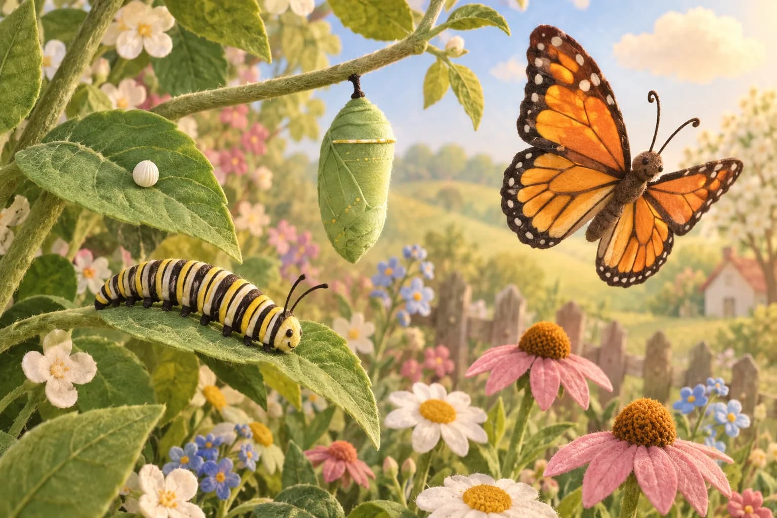 Illustration d’un jardin de printemps montrant les quatre étapes de la vie d’un papillon