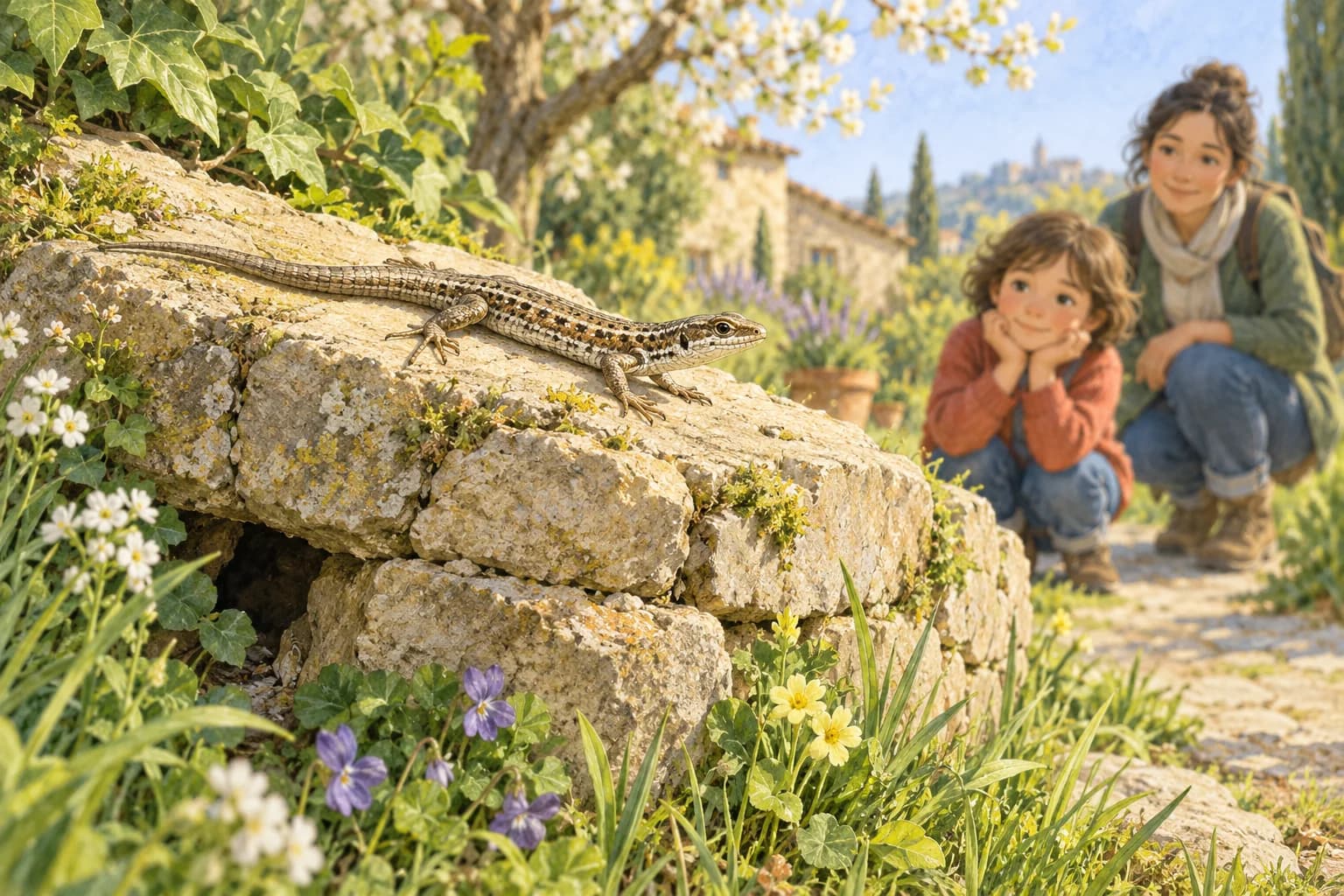 Un lézard se chauffe au soleil sur un muret, tandis qu’un enfant et un adulte l’observent à distance.