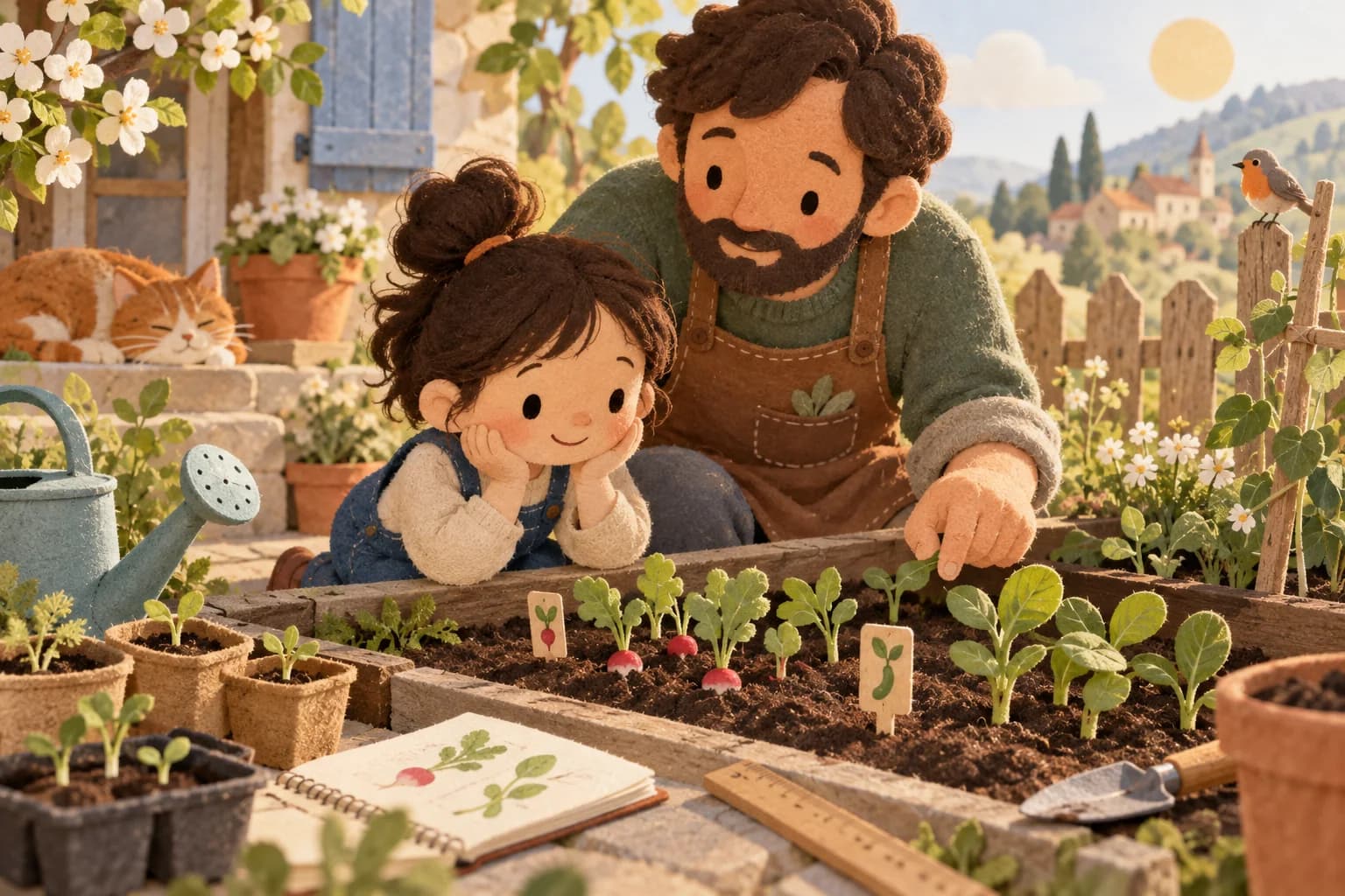 Un enfant et un parent observent de jeunes pousses dans un petit potager de printemps