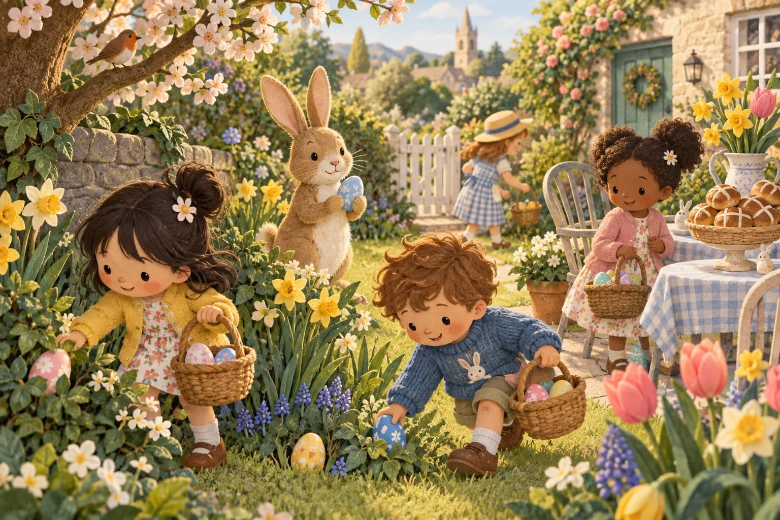 Enfants cherchant des œufs de Pâques dans un jardin britannique au printemps, avec un lapin et des hot cross buns