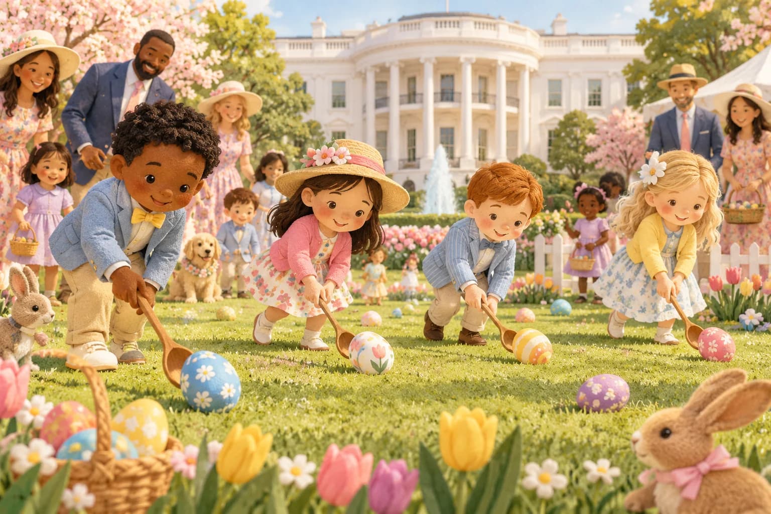 Des enfants font rouler des œufs décorés sur la pelouse d’une grande maison blanche au printemps