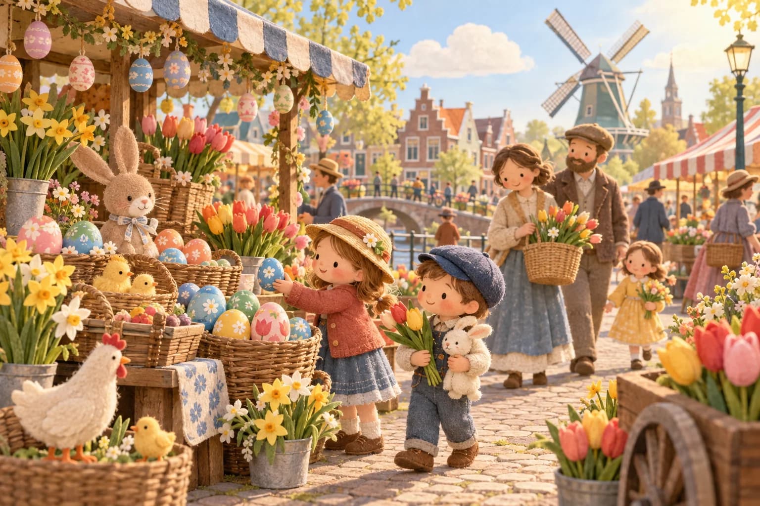 Marché de printemps néerlandais avec œufs peints, fleurs et moulin