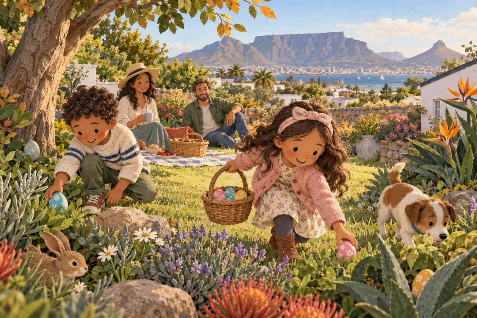 Une famille cherche des œufs de Pâques dans un jardin au Cap, sous une douce lumière d’automne.
