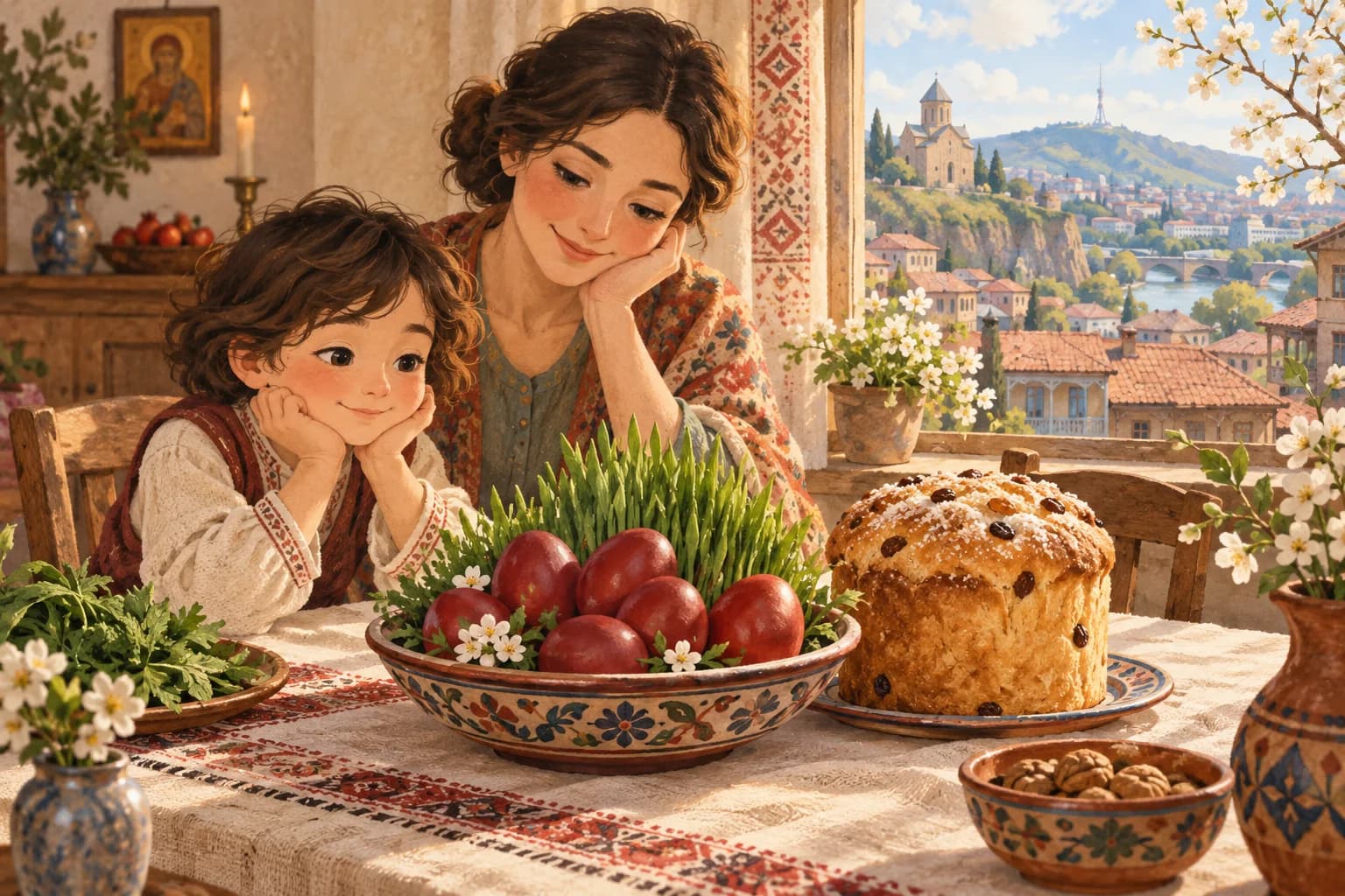 Un enfant et un parent devant une table de Pâques géorgienne avec des œufs rouges, du blé germé et une paska.