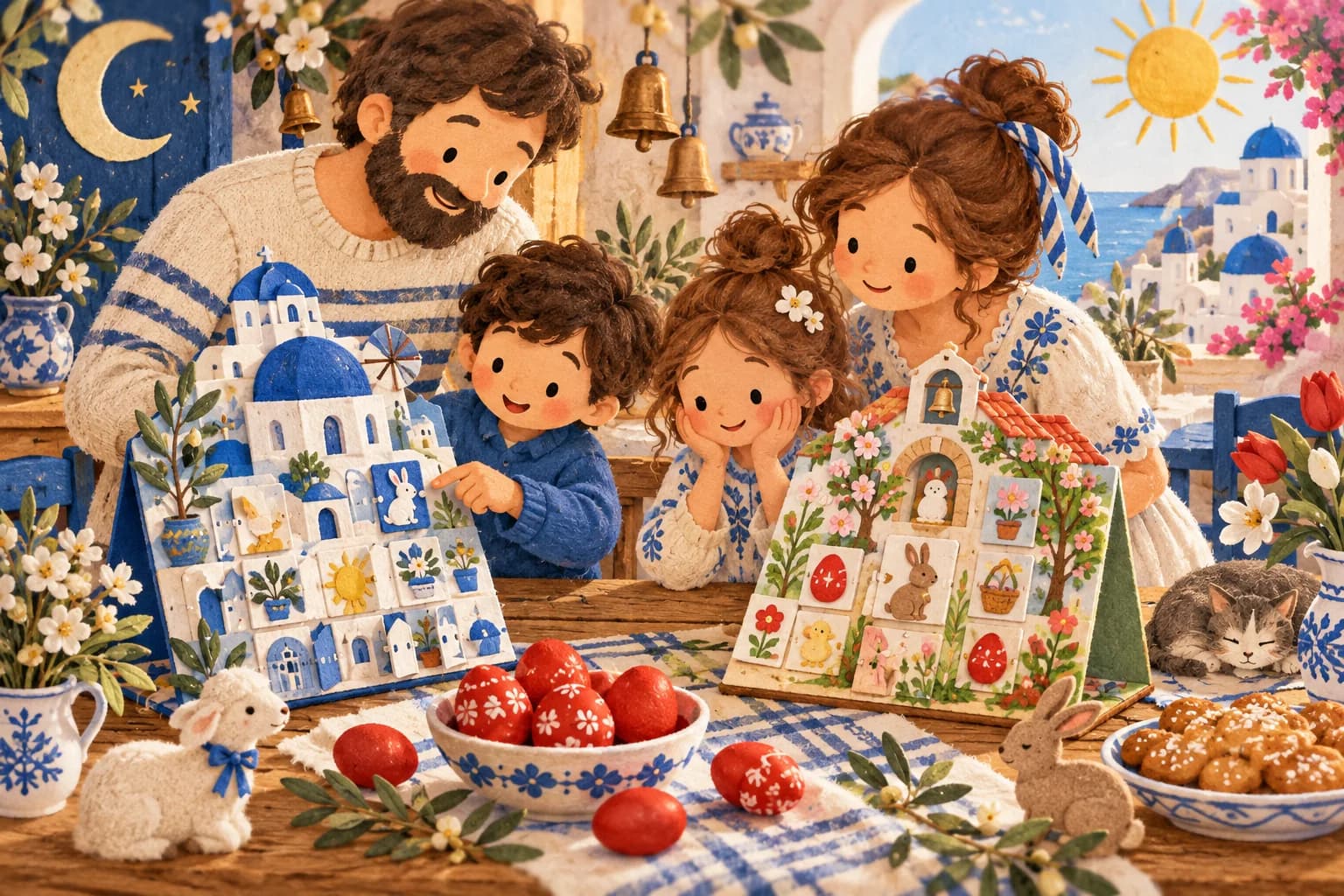 Une famille compare deux calendriers de Pâques avec des œufs rouges, une lune et des fleurs de printemps