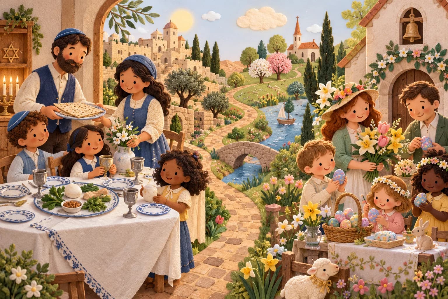 Illustration de deux familles présentant la Pâque juive et les Pâques chrétiennes comme deux traditions liées mais différentes