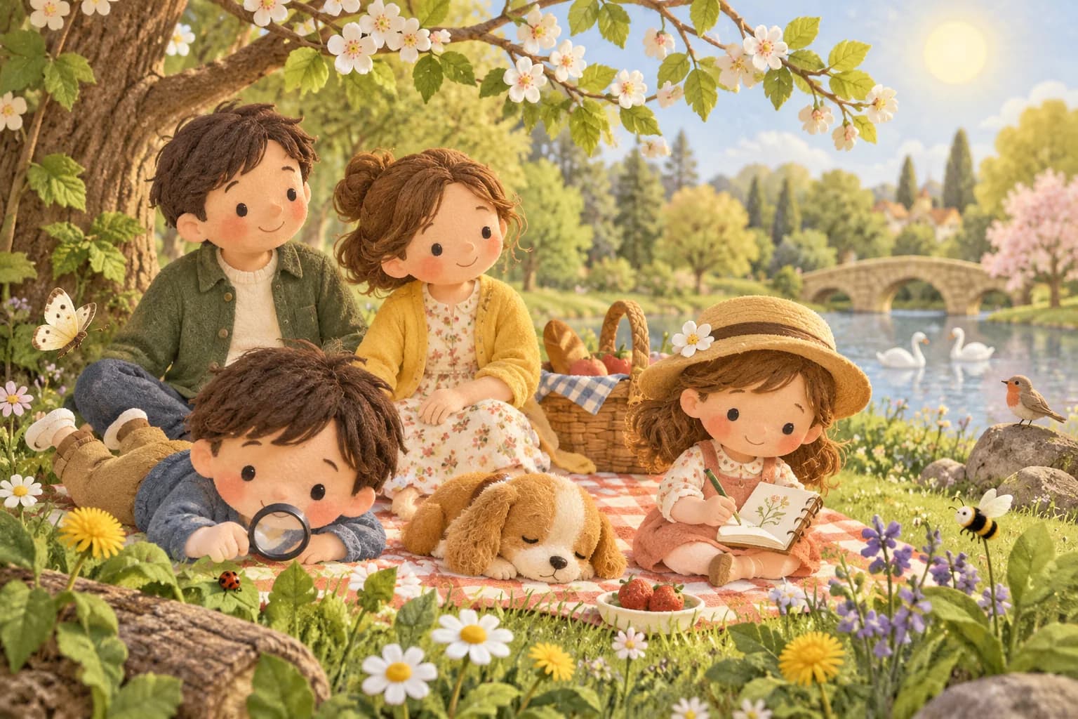 Famille réunie autour d’un pique-nique dans un parc fleuri au printemps