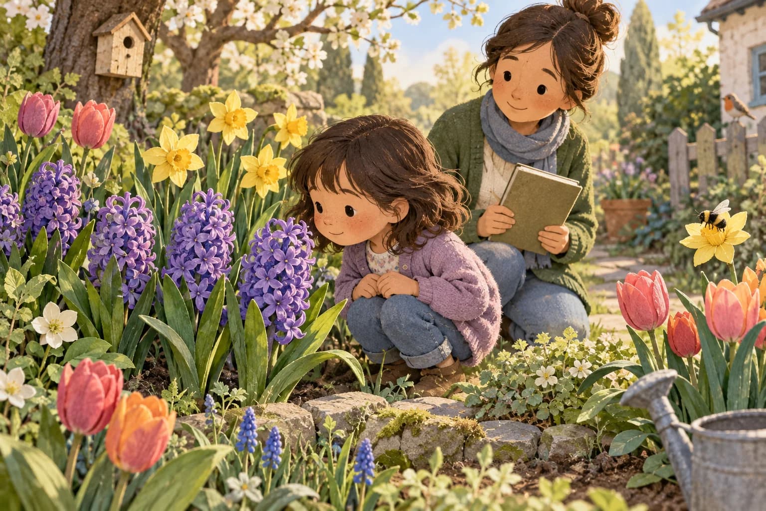 Un enfant et un parent observent des jacinthes, des tulipes et des narcisses dans un jardin printanier.