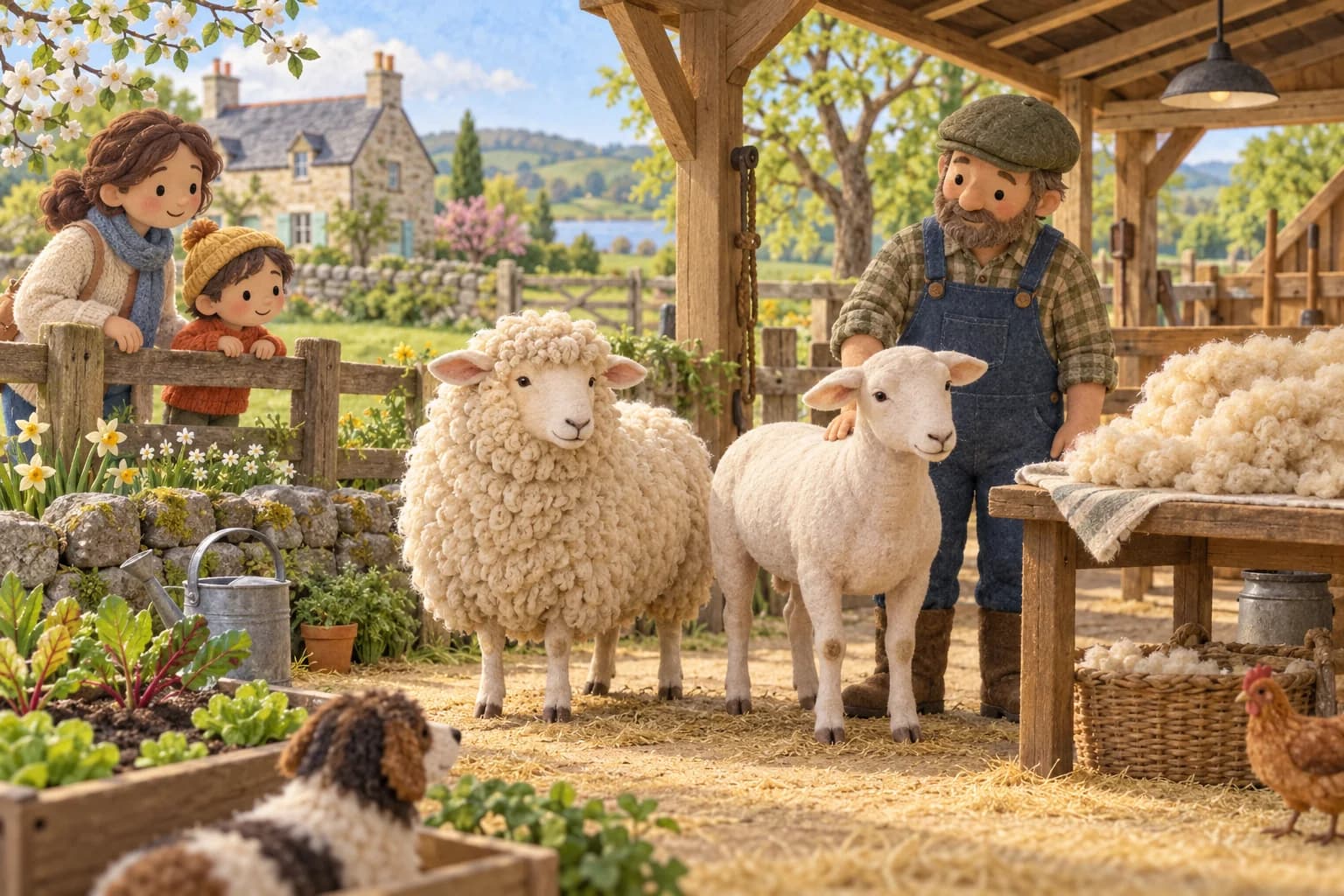 Deux moutons, l’un laineux et l’autre tondu, dans une ferme au printemps, observés par un enfant et son parent.