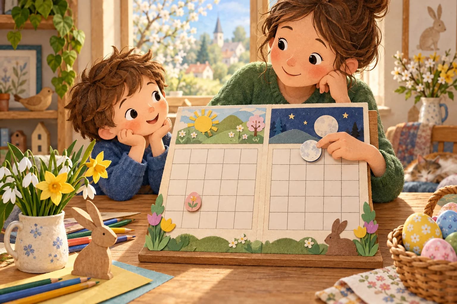 Un enfant et un parent déplacent une lune en papier et un jeton sur un calendrier pour comprendre la date de Pâques.
