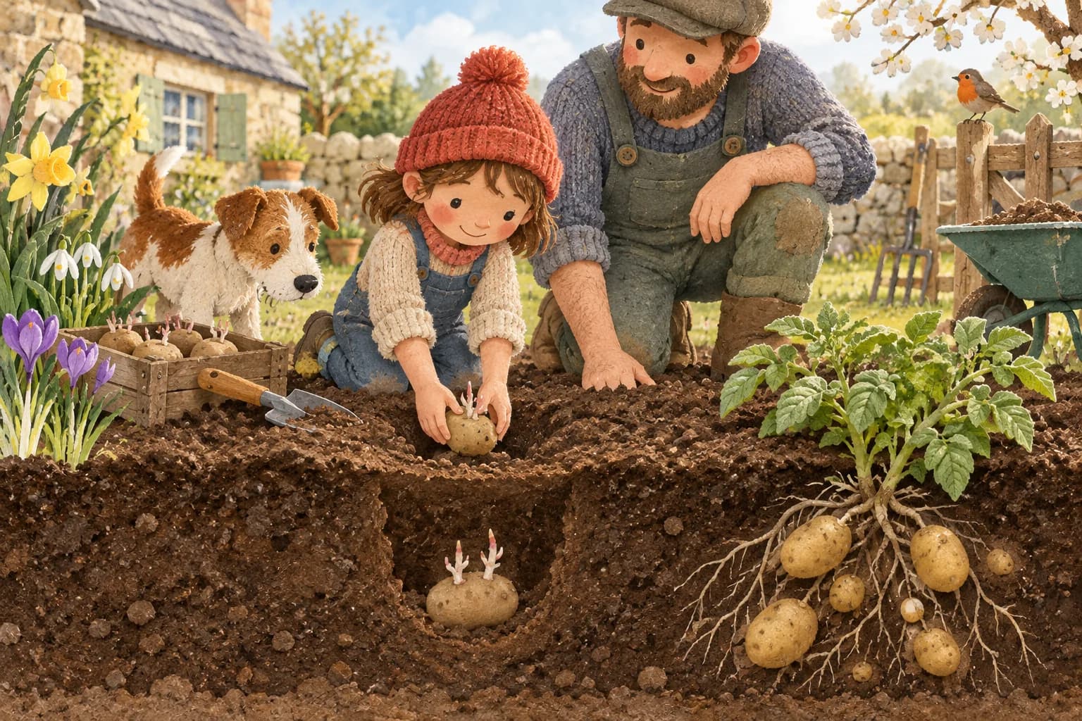 Un enfant et un adulte plantent des pommes de terre au printemps, avec une vue des tubercules sous la terre.