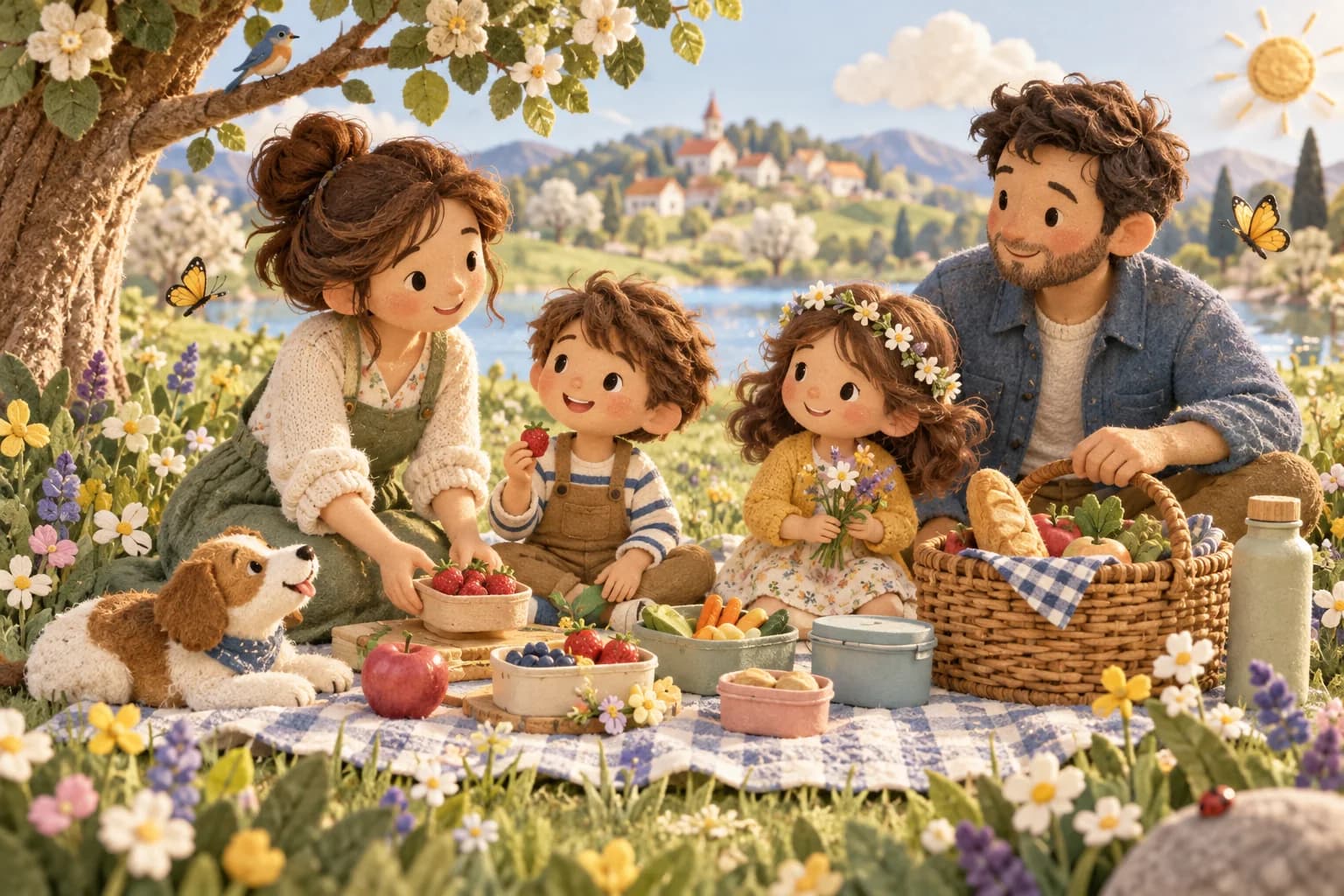 Famille préparant un pique-nique de printemps dans une prairie fleurie