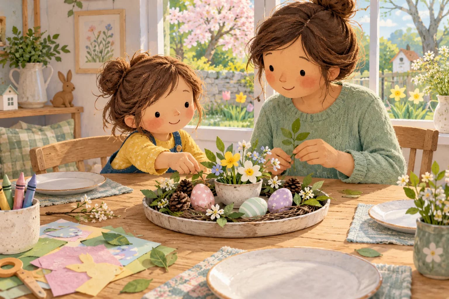 Un enfant et un parent composent un centre de table de Pâques avec des brindilles, des feuilles, des fleurs et des œufs en papier.