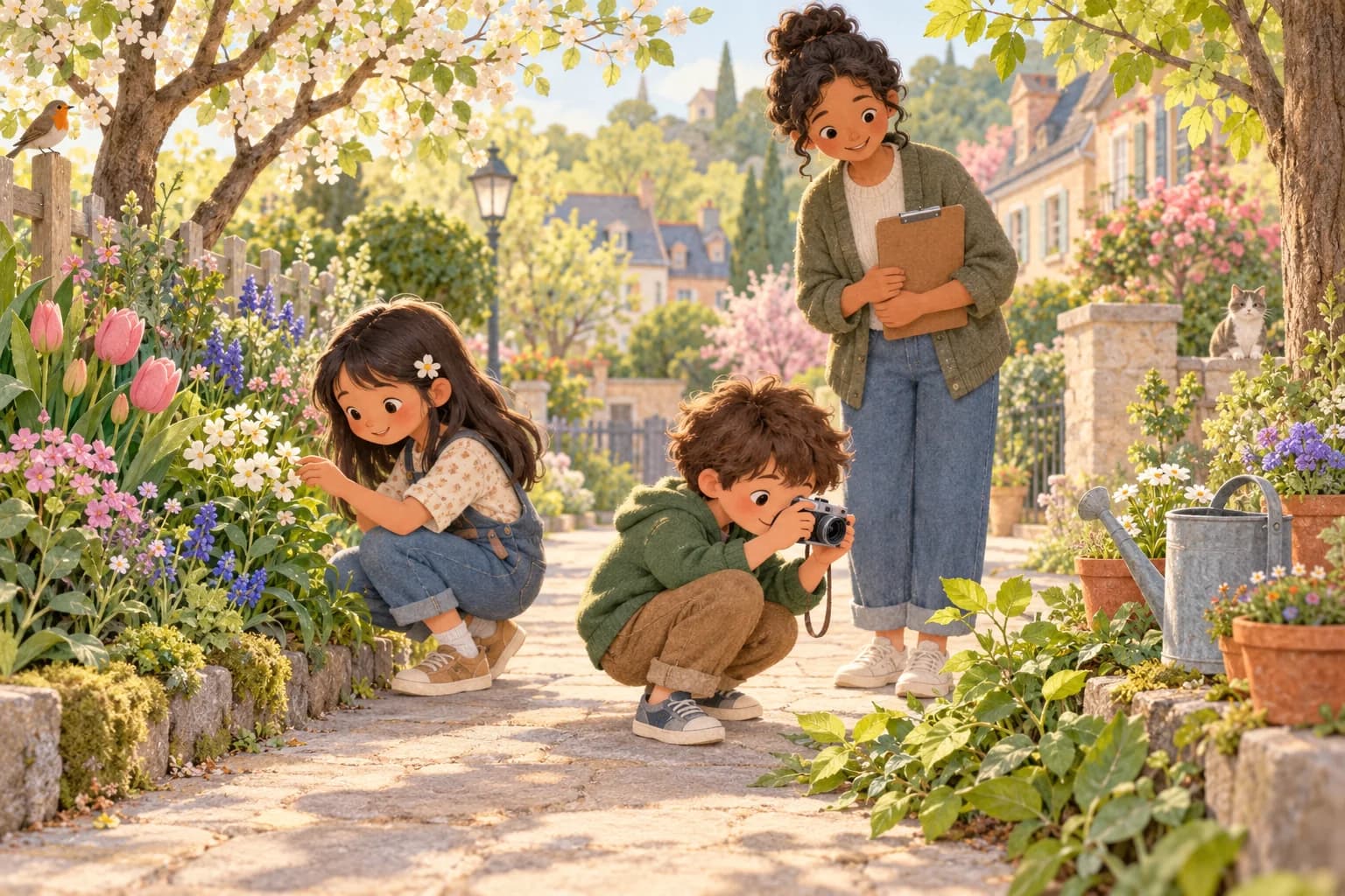 Deux enfants accompagnés d’un adulte photographient les feuilles et les fleurs d’un jardin au printemps.