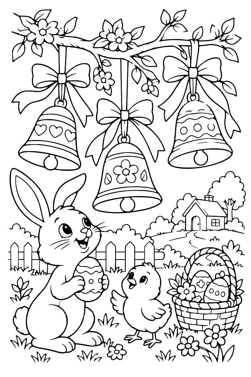 Dessin en noir et blanc montrant trois cloches décorées suspendues à une branche, un lapin tenant un œuf, un poussin, un panier d’œufs et une maison à la campagne.