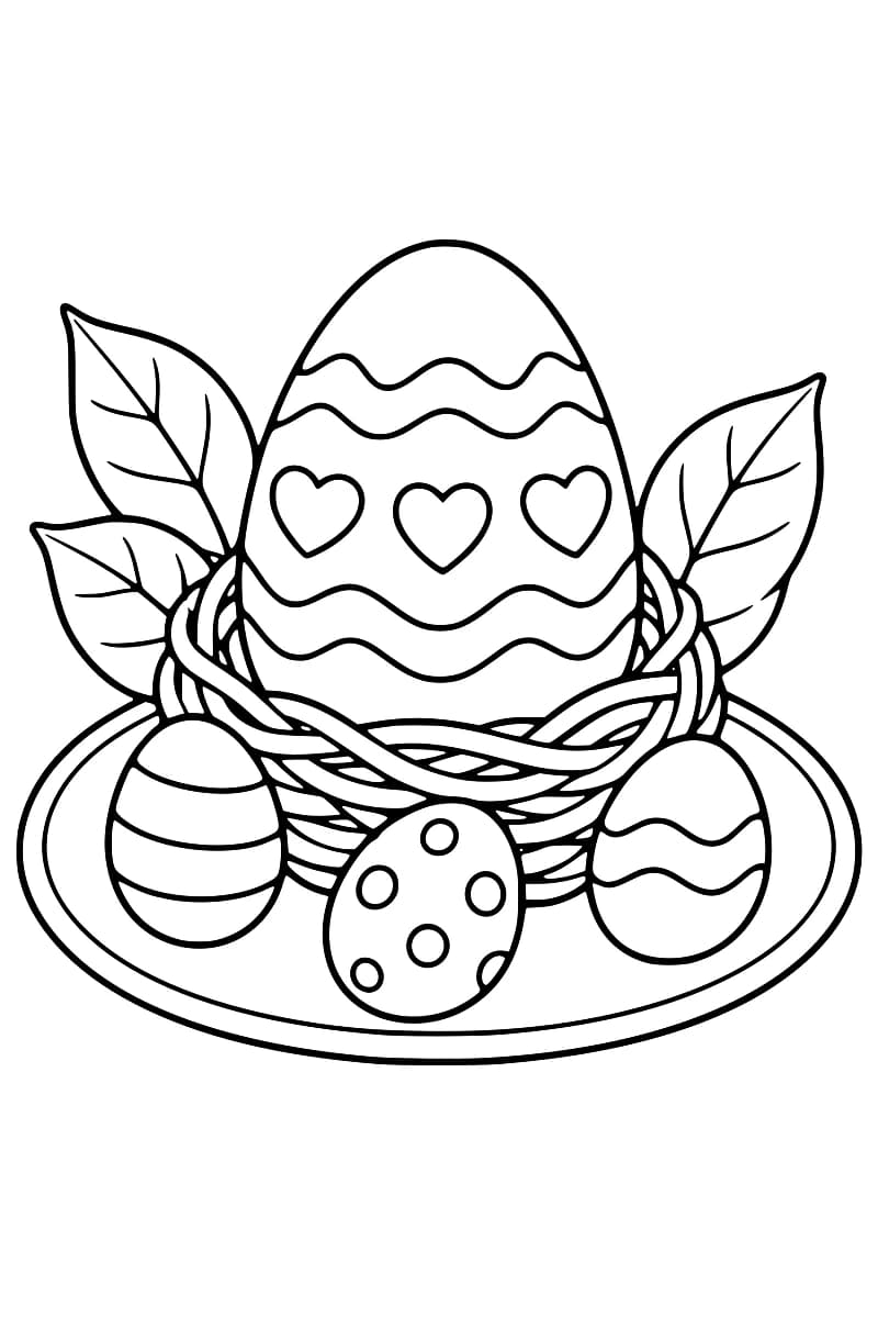 Dessin en noir et blanc d’un grand œuf orné de trois cœurs et de bandes ondulées dans un nid tressé entouré de feuilles, avec trois petits œufs à rayures, à pois et à vagues sur une assiette ovale.
