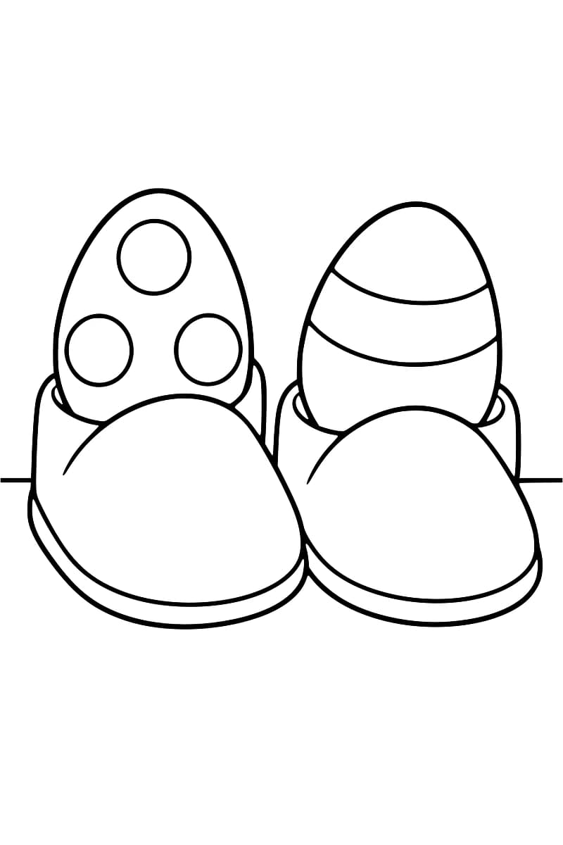 Dessin au trait noir de deux chaussons côte à côte, contenant un œuf à trois gros pois à gauche et un œuf à bandes courbes à droite.