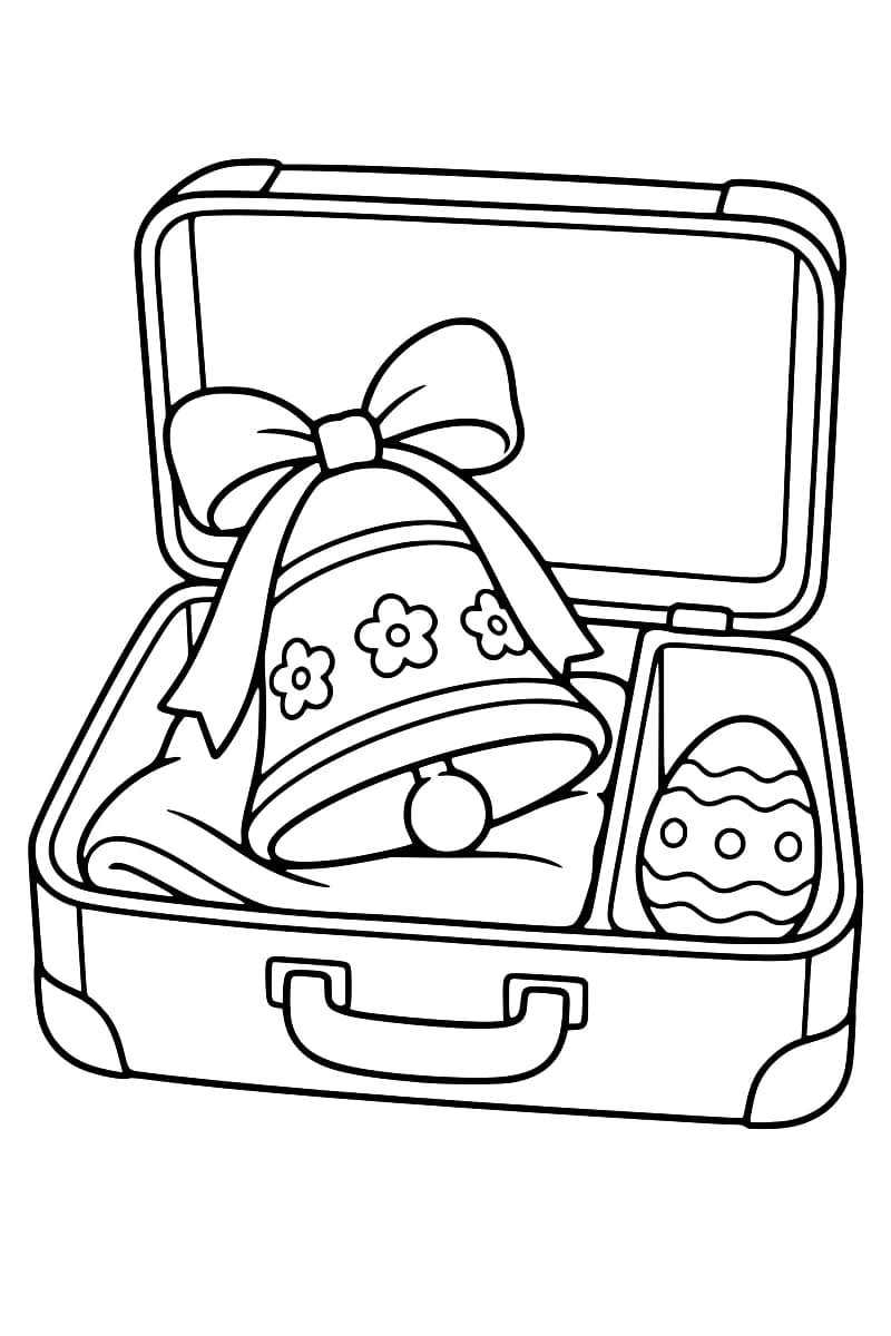 Dessin en noir et blanc d’une valise ouverte contenant une grande cloche à fleurs avec un nœud et un battant rond, posée sur un tissu, et un œuf décoré de lignes ondulées et de ronds.