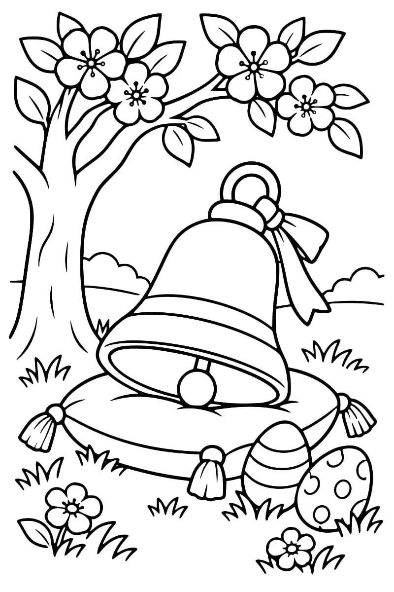 Grande cloche avec un ruban sous un arbre fleuri, entourée d’herbe et de deux œufs décorés.