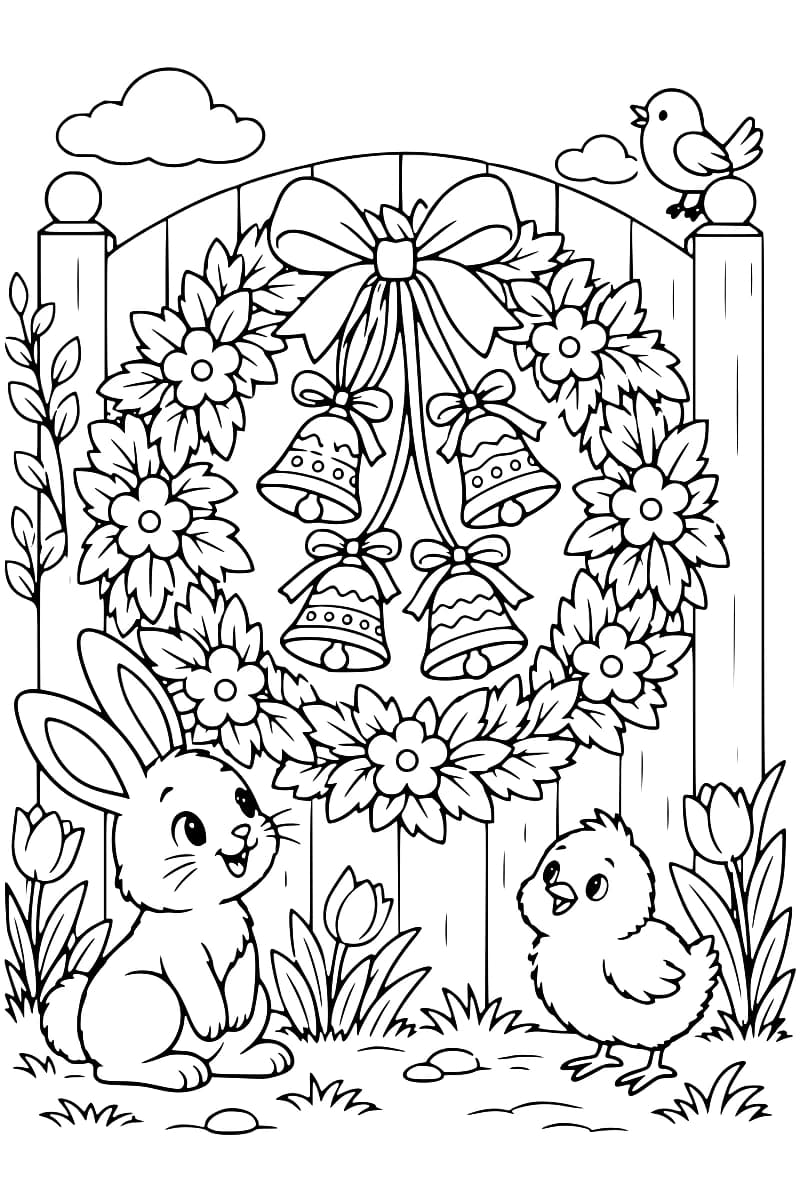 Dessin en noir et blanc d’une couronne de fleurs avec quatre cloches à rubans, un lapin, un poussin et des tulipes.