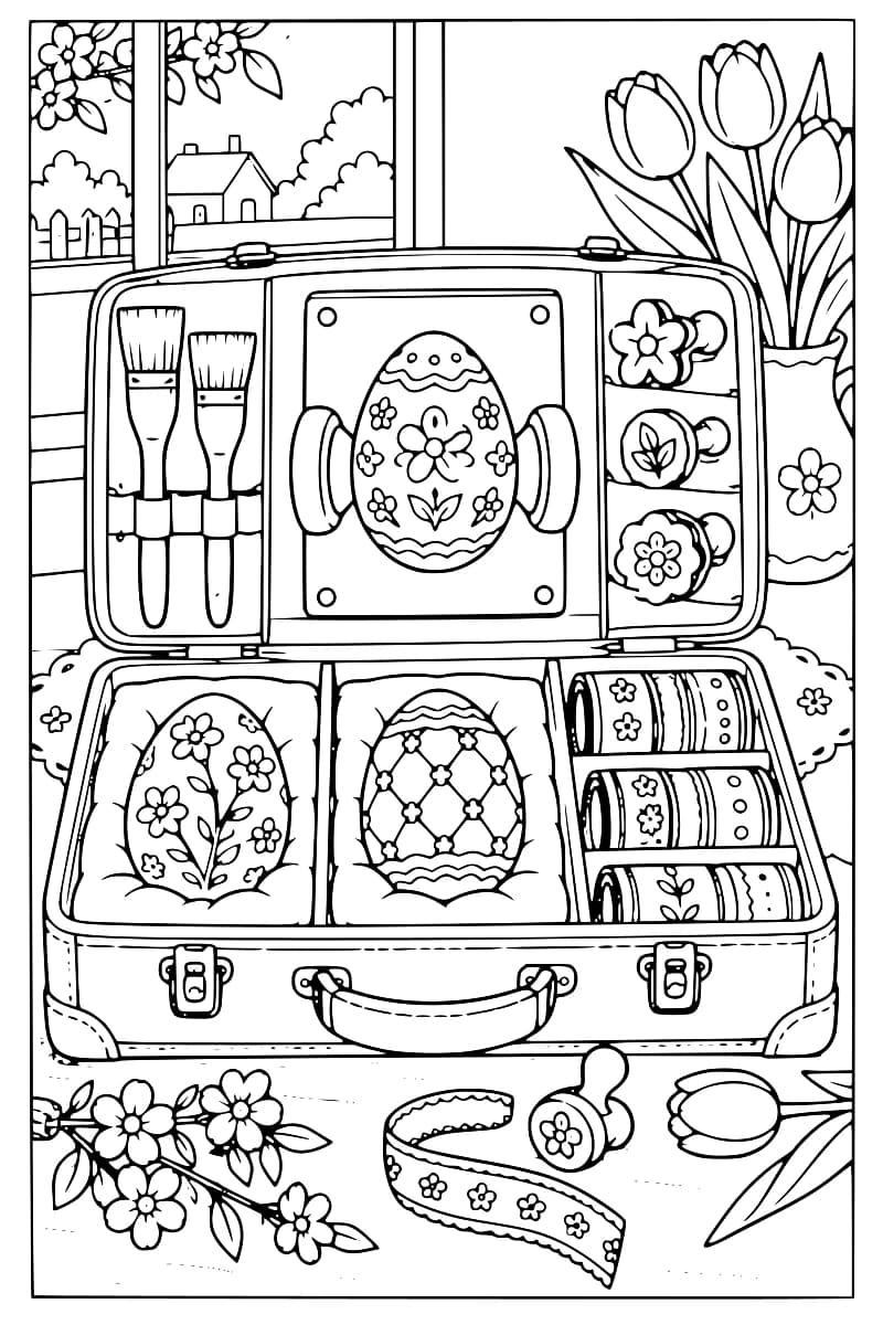 Dessin en noir et blanc d’une mallette ouverte contenant trois œufs décorés, deux pinceaux, trois tampons et des rouleaux de ruban à motifs. Un autre tampon, un ruban et des fleurs sont posés devant, tandis qu’un vase de tulipes et une fenêtre occupent l’arrière-plan.