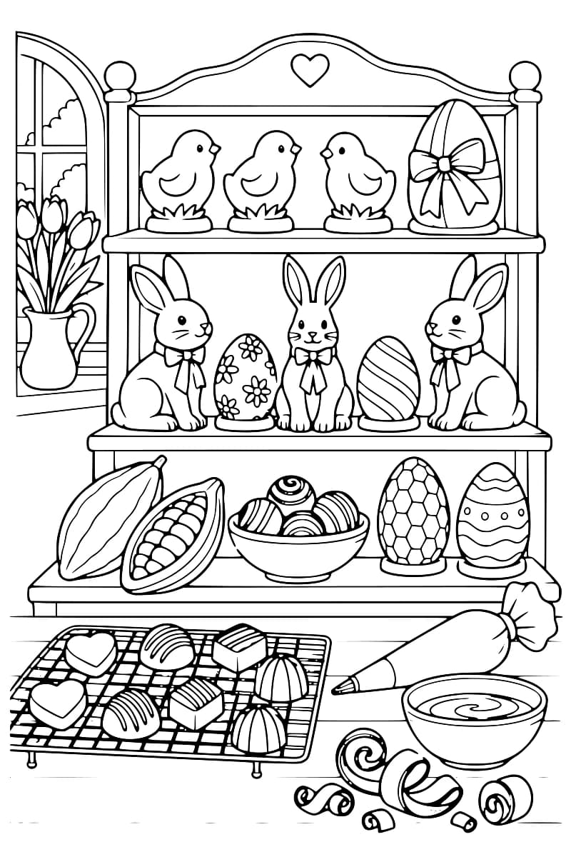 Dessin en noir et blanc d’une vitrine remplie de chocolats en forme de poussins, de lapins et d’œufs, avec cabosses de cacao, bonbons, poche à douille et bol.