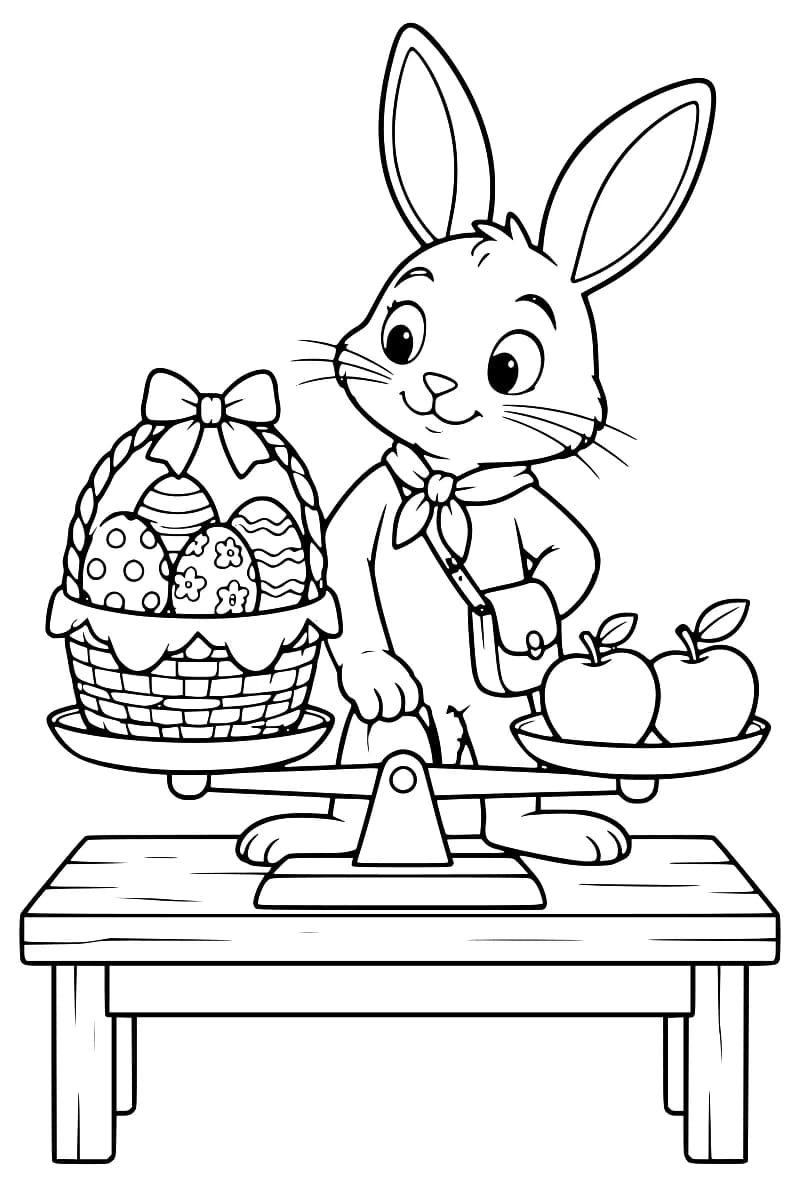 Dessin en noir et blanc d’un lapin portant un foulard et une sacoche derrière une balance posée sur une table, avec un panier d’œufs décorés à gauche et deux pommes à droite.