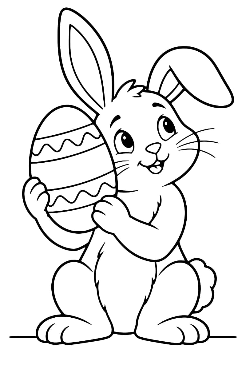 Dessin en noir et blanc d’un lapin assis, une oreille droite et l’autre repliée, tenant à deux pattes un grand œuf décoré contre le côté de sa tête.