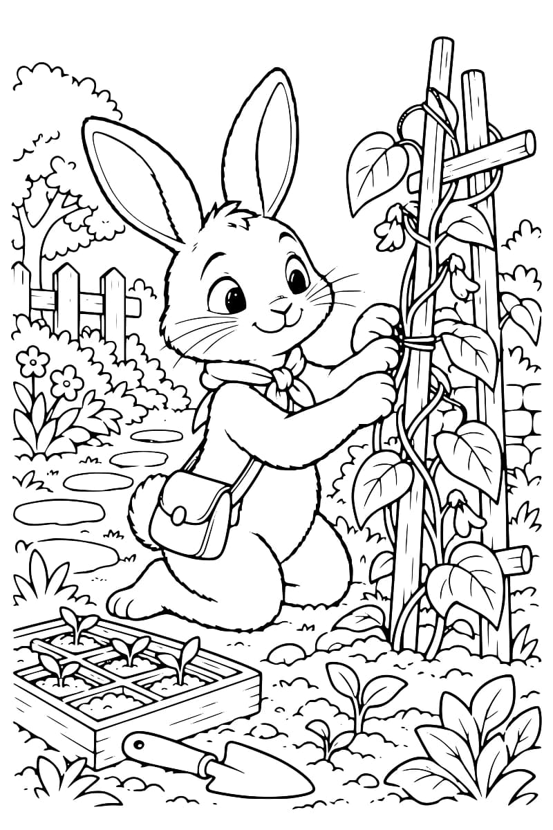 Lapin souriant attachant une plante grimpante à un treillis en bois, avec un plateau de semis et une truelle au premier plan.
