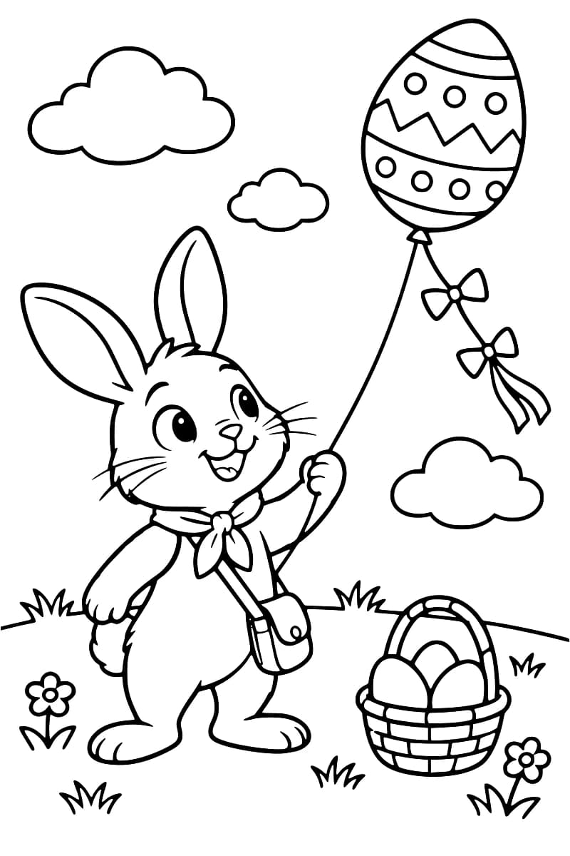 Lapin souriant tenant un ballon en forme d’œuf décoré, avec un panier d’œufs et des fleurs dans l’herbe.
