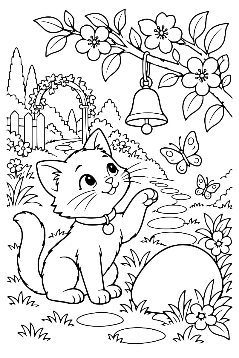Dessin en noir et blanc d’un chaton assis, une patte levée sous une cloche accrochée à une branche fleurie, avec deux papillons, un sentier de pierres, une arche, une clôture et des fleurs.